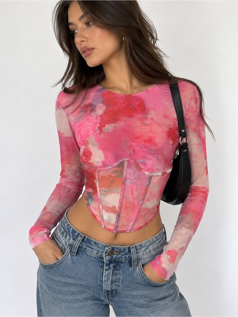 BARDOT NWT Lena Wildflower Pink Long Sleeve Corset-Style Mesh Top